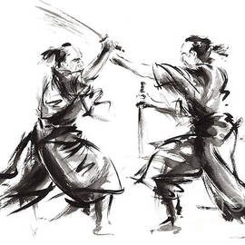 Samurai Fight Painting, Samurai Wall Decor, Ronin Poster, Samurai Home Decor by Mariusz Szmerdt