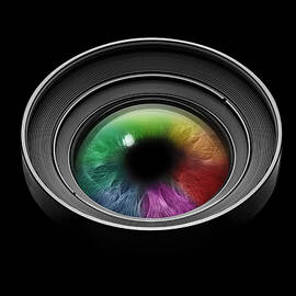 Black camera lens with multicolored eye  by Bombaert Patrick