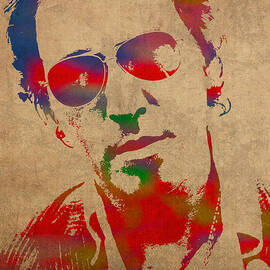 Bruce Springsteen Watercolor Portrait on Worn Distressed Canvas by Design Turnpike