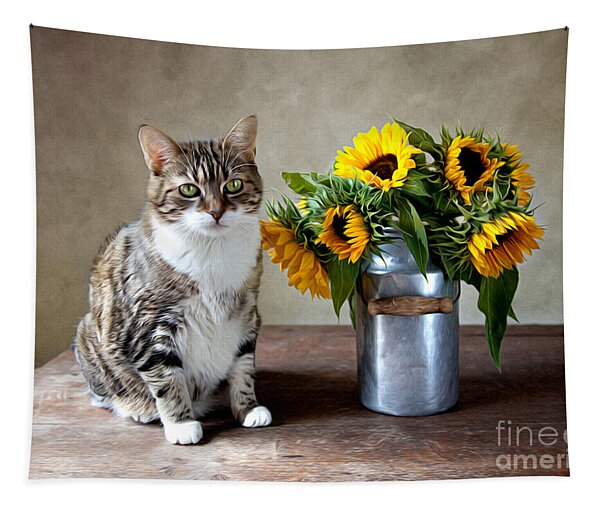 Cat And Sunflowers Tapestry