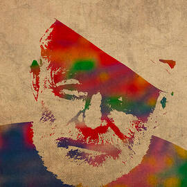 Ernest Hemingway Watercolor Portrait on Worn Distressed Canvas by Design Turnpike