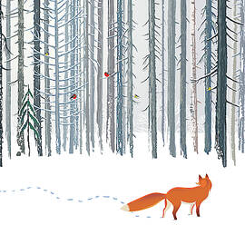 Fox in the Winter forest hand drawn illustration by Julien