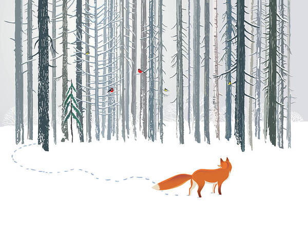 Wall Art - Drawing - Fox in the Winter forest hand drawn illustration by Julien