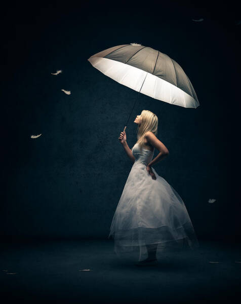 Girl With Umbrella And Falling Feathers Poster