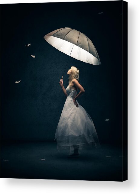 Girl With Umbrella And Falling Feathers Acrylic Print