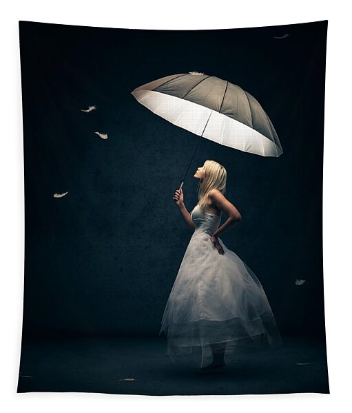 Girl With Umbrella And Falling Feathers Tapestry