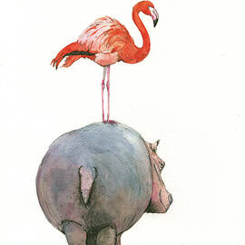 Hippo with flamingo by Juan Bosco