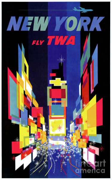 Wall Art - Drawing - New York Fly TWA Vintage Air Line Travel Poster Restored by Vintage Treasure