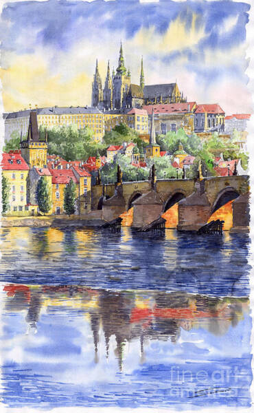 Wall Art - Painting - Prague Castle with the Vltava River 1 by Yuriy Shevchuk