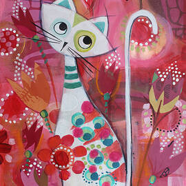 Cat and bird in the red forest by Johanna Virtanen