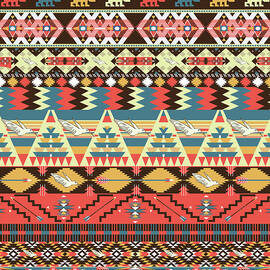 Seamless colorful aztec pattern with birds flowers and arrow by Julien