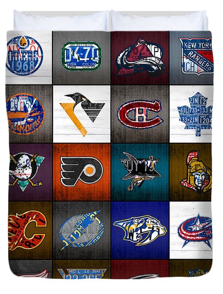 Time To Lace Up The Skates Recycled Vintage Hockey League Team Logos License Plate Art Duvet Cover
