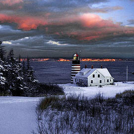 West Quoddy Head Lighthouse Winters Dusk Afterglow by MARTY SACCONE